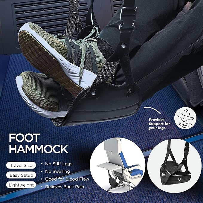 Homeify Airplane Travel Kit – Adjustable Memory Foam Airplane Neck Pillow with Phone Holder, Eye Mask, Foot Hammock, and Earplugs – 6 Piece Plane Travel Essentials for Long Flights
