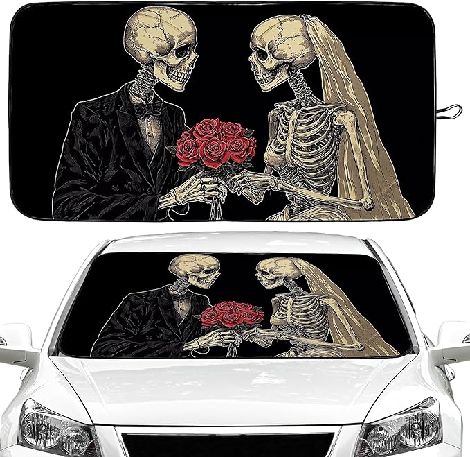 Couple Skull Car Windshield Sun Shade Foldable Sunshade Front Window Cover Sun Visor Protector Accessories (59x27.5 inches)