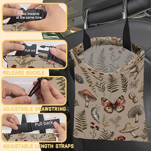 Retro Mushrooms Car Trash Bag,Nature Woodland Strap Drawstring Car Garbage Bags,Car Back Seat Organizer with Adjustable Buckle for Car Accessories