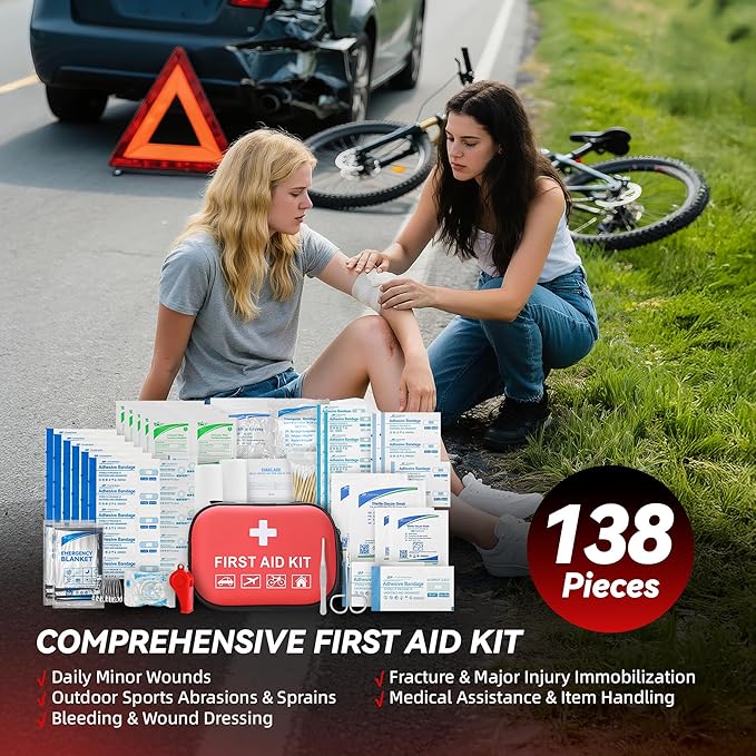 Car Emergency Safety Kit Bag with Portable Air Compressor, Jumper Cables,First Aid Kit, Winter Vehicle Roadside Emergency Kit with Snow Brush and Ice Scraper, for Women, Men, Teen