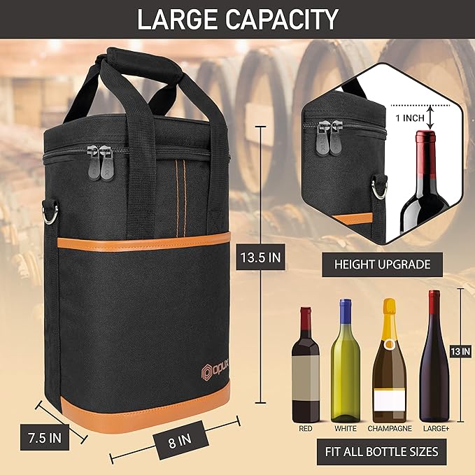 Opux 4 Bottle Insulated Wine Cooler Bag - Leakproof Padded Portable Wine Bottle Carrier for Travel Picnic BYOB Gift (Brown)