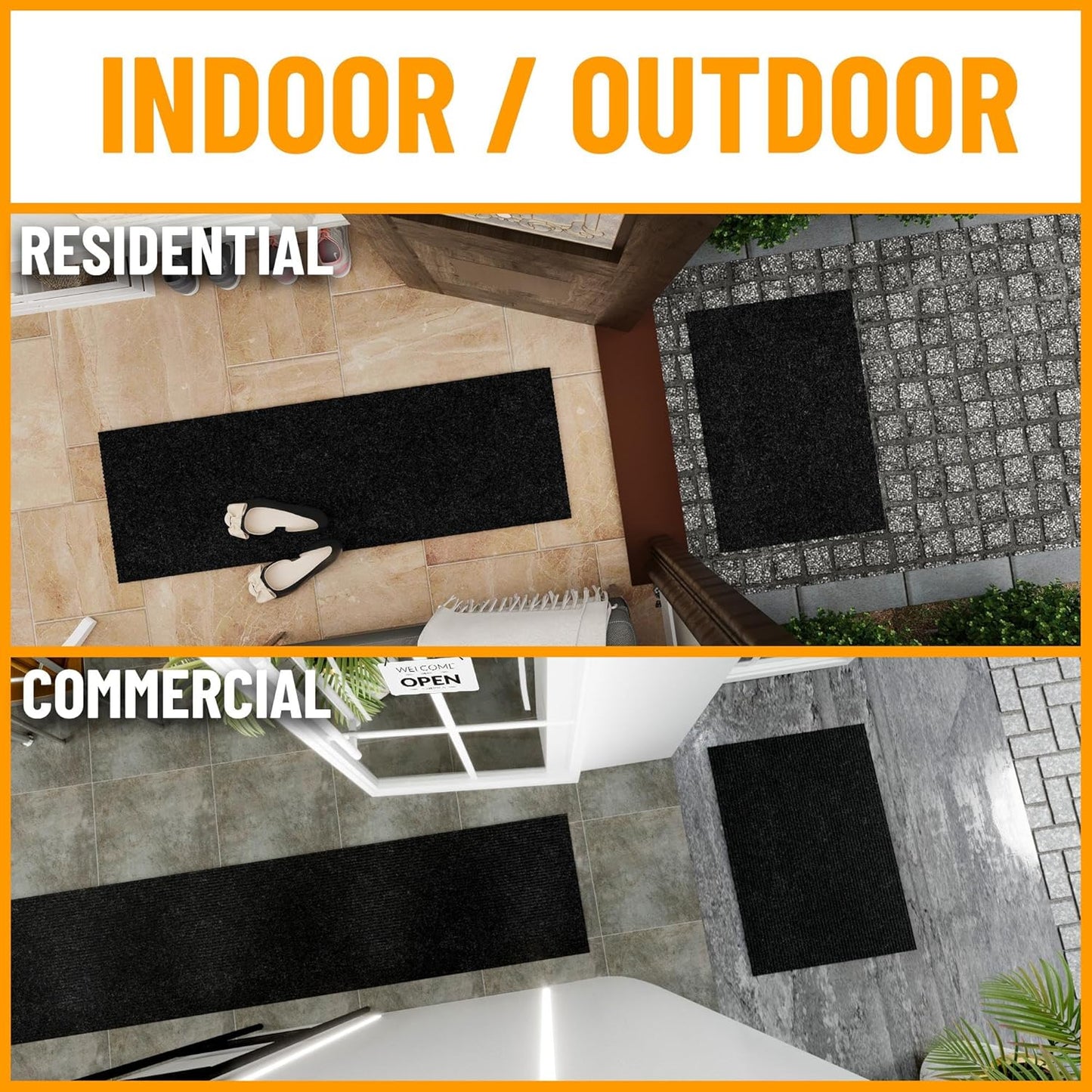 Ottomanson 2' x 8' Hallway Runner with Scraper Pile Extra Durable Non-Slip Rug Mat for Indoor & Outdoor Use - Ideal for Kitchen, Entryway, Patio & Garage - High-Traffic Carpet, Black