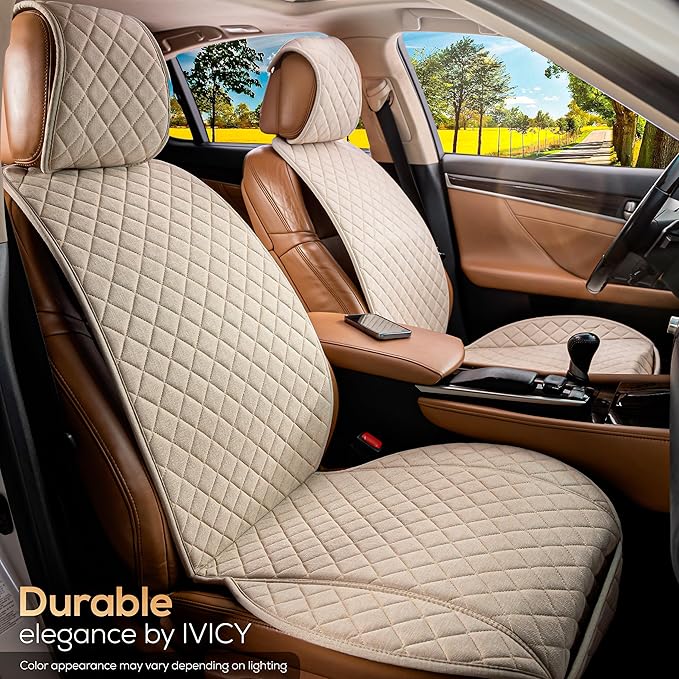 IVICY Faux Linen Front Car Seat Cover – Durable, Non-Slip Seat Protector for Cars – 1 Unit, Light Beige