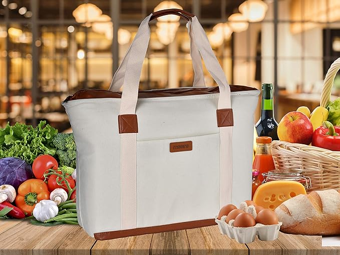 Insulated Grocery Bag with Zippered Top - Thermal Reusable Canvas Shopping Tote for Groceries - Travel Picnic Leakproof Cooler Bags Keep Foods Cold or Hot for Hours - Sturdy Zipper Closure & Pocket