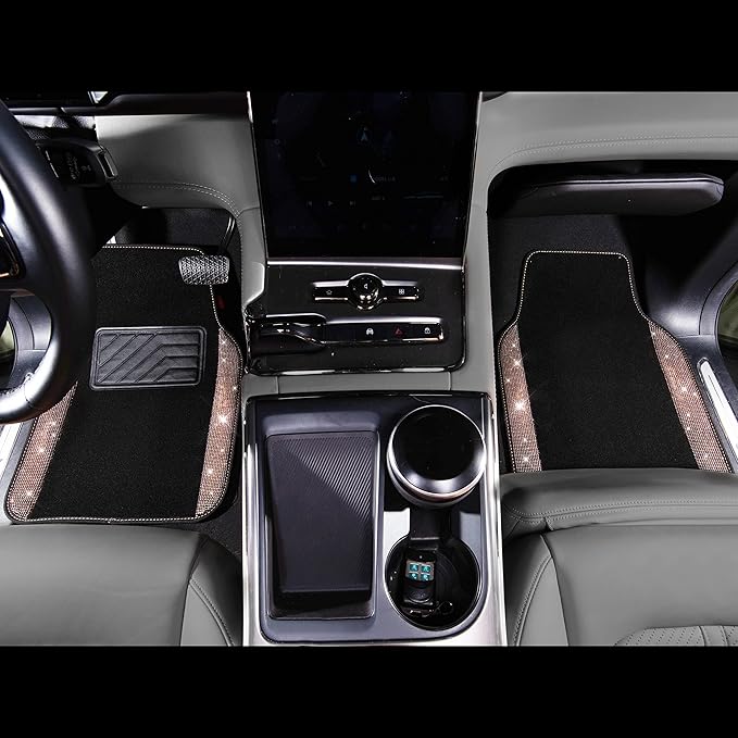 CAR PASS Bling Rhinestone Diamond Car Floor Mat, Crystal Sparkly Shining Glitter Carpet Waterproof Anti-Slip PVC Heel Pad, Universal for Interior Auto SUV,Sedan,Van,4pcs Girl Women Men, Champagne Gold