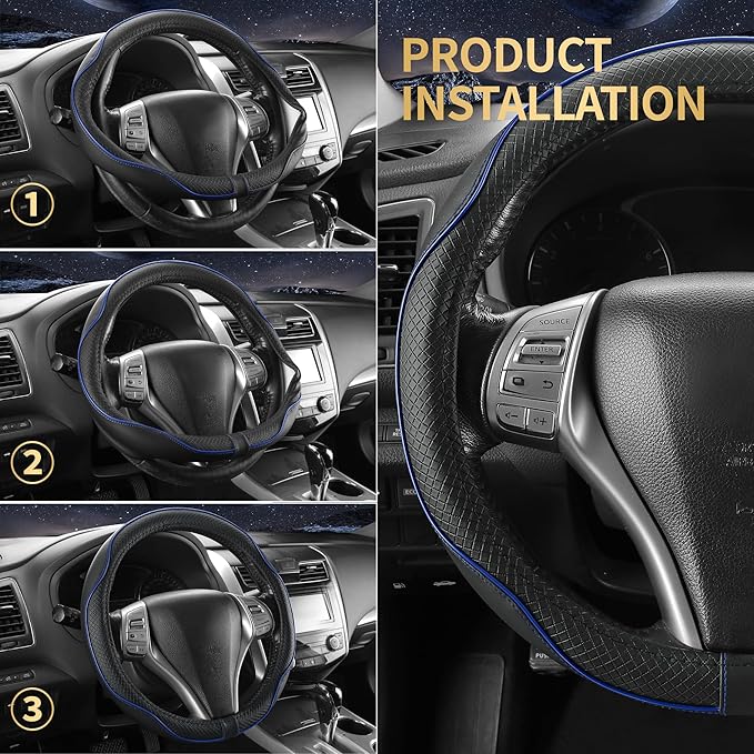 Steering Wheel Cover,Anti-Slip, Safety,Soft,Breathable,Heavy Duty,Thick,Full Surround, Sports Style,Universal Car Accessories for Women Men Fit 14" 1/2-15"(Black with Blue line)