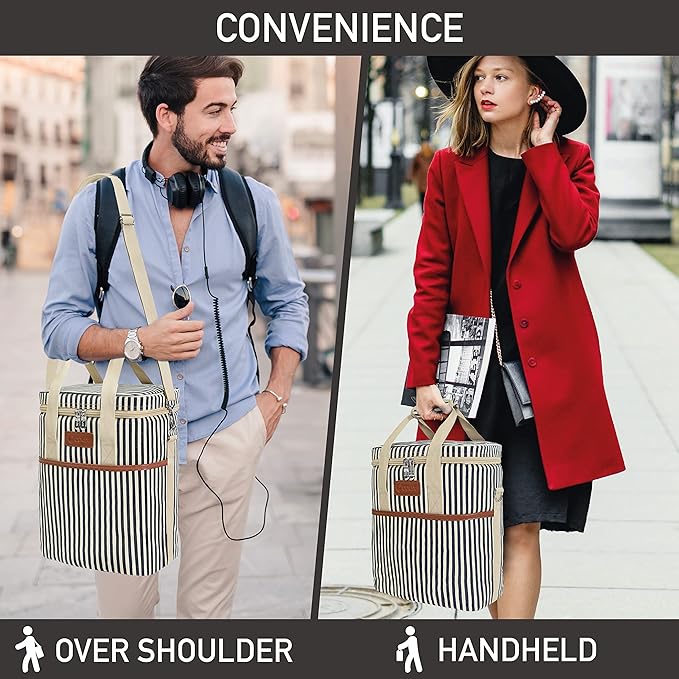 opux 6 Bottle Carrier Tote | Insulated Padded Wine Cooler Bag for Travel. Picnic, BYOB | Portable Leakproof Wine Tote Bag for Dinner, Party, Christmas, Wine Gift for Women, Men (Stripe Navy)