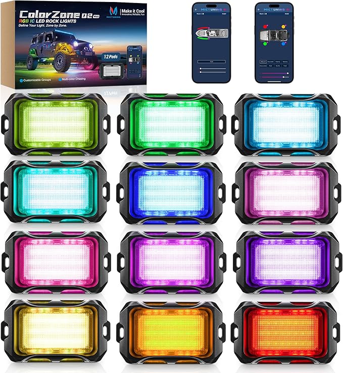 MICTUNING Q2+ MAX RGB+IC Rock Lights - 12 Pods Multi-Color DIY Effect Underglow Neon Kit, Individual Group Control, APP Music Sync, IP68 Waterproof