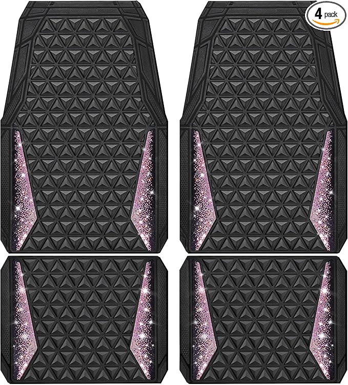 CAR PASS Bling Rubber Car Mats Diamond Floor Mats Full Set Anti-Slip 3D Rhombus Waterproof Universal Trim to Fit Liner Glitter Crystal Sparkly Shining Rhinestone Girl Women SUV Sedan Van, Black Pink