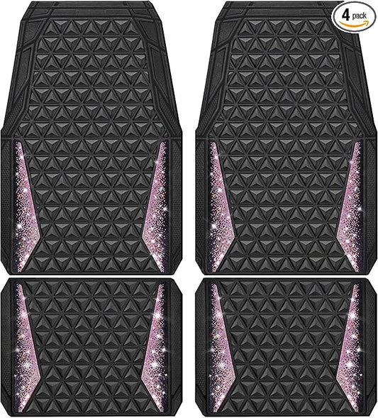 CAR PASS Bling Rubber Car Mats Diamond Floor Mats Full Set Anti-Slip 3D Rhombus Waterproof Universal Trim to Fit Liner Glitter Crystal Sparkly Shining Rhinestone Girl Women SUV Sedan Van, Black Pink