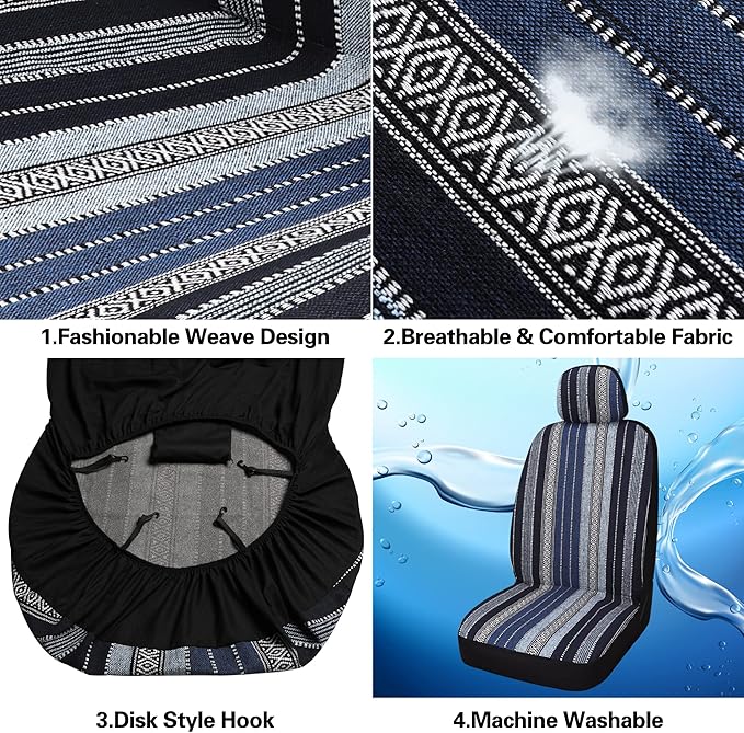 Pariitadin Baja Saddle Blanket Car Seat Covers Front Set with Seat Belt Pads, Washable Breathable Striped Woven Cloth Seat Covers for Cars, Universal Fit Most Cars, Airbag Compatible, Blue