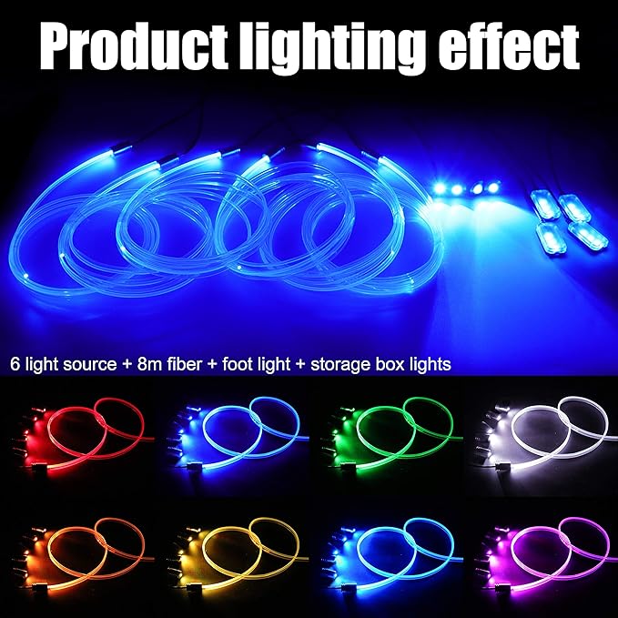 Car Interior Ambient Lighting Optic Fiber RGB 64 Colors Multicoloured Music Car Footwell Lighting Kit with Cigarette Lighter and App Microphone, DC 12V-24V 1W 8m