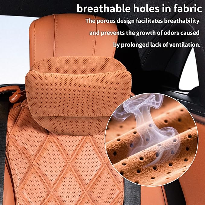 2 Pack Car Headrest Pillow, Suede Car Headrest Pillow for Neck Support with Adjustable Strap, Suitable for Cars SUVs Sedan Home Office (Orange)