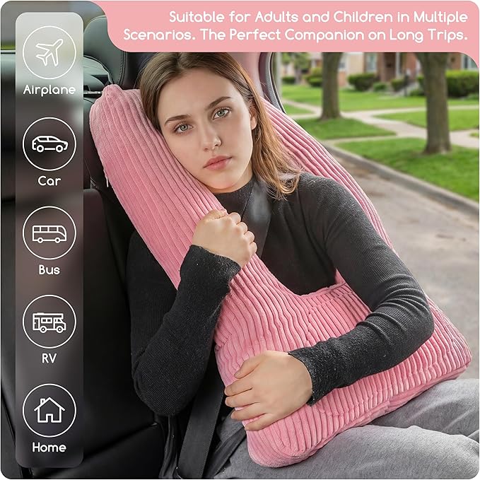 HIGOGOGO Washable Travel Pillow, Car Pillow for Kids & Adults, Travel Pillows with Removable Soft Cover and High-Support Foam, Fix Neck and Body Sitting/Sleeping on The Trip, Pink