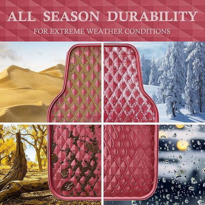 CAR PASS Deep Dish Rubber Car Floor Mats All Weather Protection - Heavy Duty Waterproof Auto Floor Mats Universal Fit for Sedan SUV Truck - Anti-Slip 3D Rhombus, 4 Pieces (Burgundy)