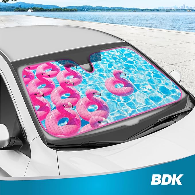 BDK Pink Flamingo Floatie Front Windshield Sunshade Accordion Folding Style Auto Shade for Car Truck SUV Van Blocks UV Rays Sun Visor Protector Easy Setup Keeps Your Vehicle Cool - 58 x 27 inches