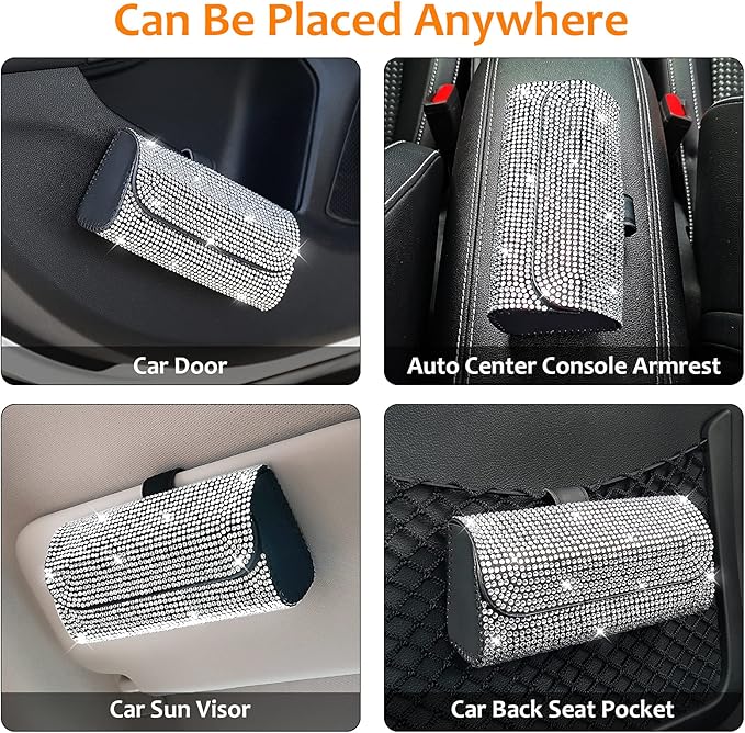 Accmor Bling Sunglasses Holder for Car Sun Visor, Sparkling Eyeglasses Car Visor Clip Storage Glasses Organizer Case, PU Leather Auto Sunglass Holder Protective Box for Truck, SUV, RV (White)