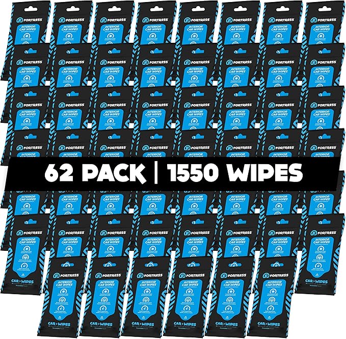 Fortress Car Interior Wipes (25 ct, Pack of 62) for Car Interior Cleaning, Dashboard, Seats, Detailing, and Steering Wheel [Travel Size] Skin-Safe Car Interior Cleaner Supplies