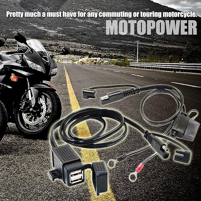 MOTOPOWER MP0609EA 3.1Amp Waterproof Motorcycle Dual USB Kit SAE to USB Adapter Cable with SAE Ring Terminal Cable Harness