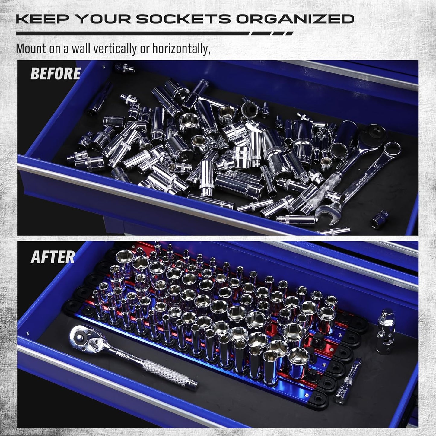 Magnetic Socket Holder Organizer Set: 6-Piece Detachable 1/4, 3/8, 1/2 Socket Trays Socket Organizer for Tool Box Drawer Holds 80-Piece Standard Size Sockets for Automotive Mechanic Garage(Red Blue)