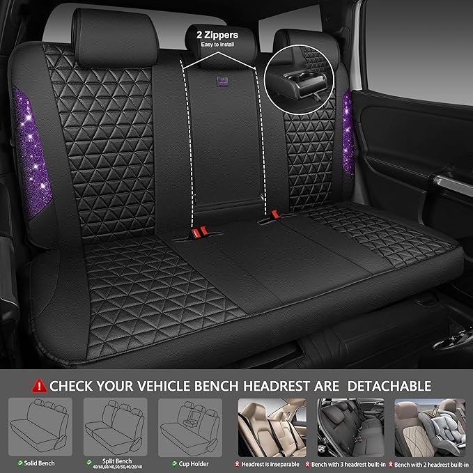 CAR PASS Bling Diamond Leather Car Seat Covers Full Seats Interior Sets, Waterproof Shining Glitter Sparkly Crystal Universal Armrest Fit Automotive Truck SUV Cute Women Girl, Black Purple Rhinestone
