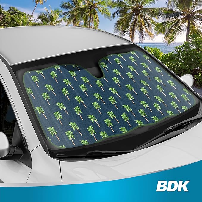 BDK Cali Palm Trees Front Windshield Sunshade Accordion Folding Style Auto Shade for Car Truck SUV Van Blocks UV Rays Sun Visor Protector Easy Setup Keeps Your Vehicle Cool - 58 x 27 inches