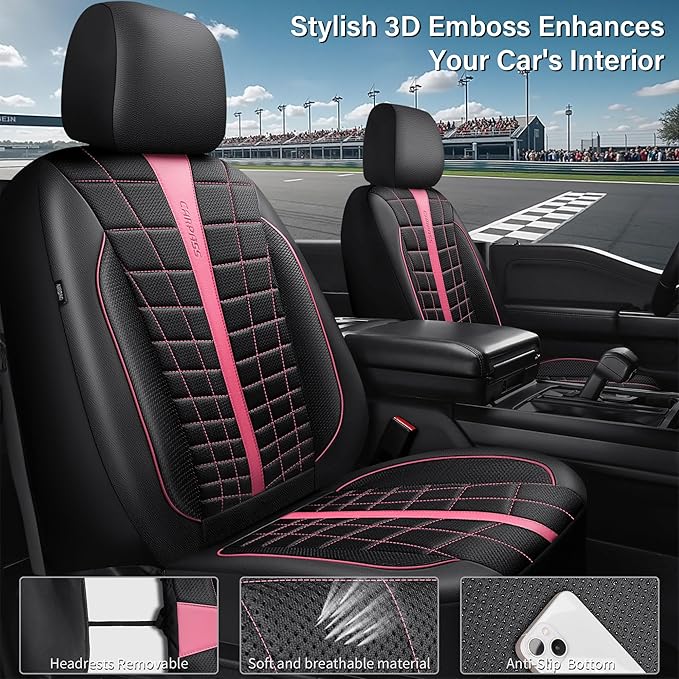 CAR PASS 3D Air Mesh Seat Covers for Car, Leather Car Seat Cover Front Seats, Breathable Foam Premium Leather Mesh Front Seat Covers Universal Fit for Cars Sedans Trucks Vans SUVs, Black Pink