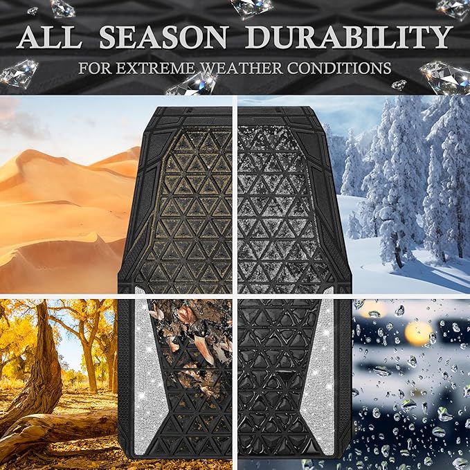 CAR PASS Bling Diamond Car Mats Rubber Floor Mats Full Set Anti-Slip 3D Rhombus Waterproof Trim to Fit Liner Universal Glitter Crystal Sparkly Shining Rhinestone Girl Women SUV Sedan, Silver Diamond