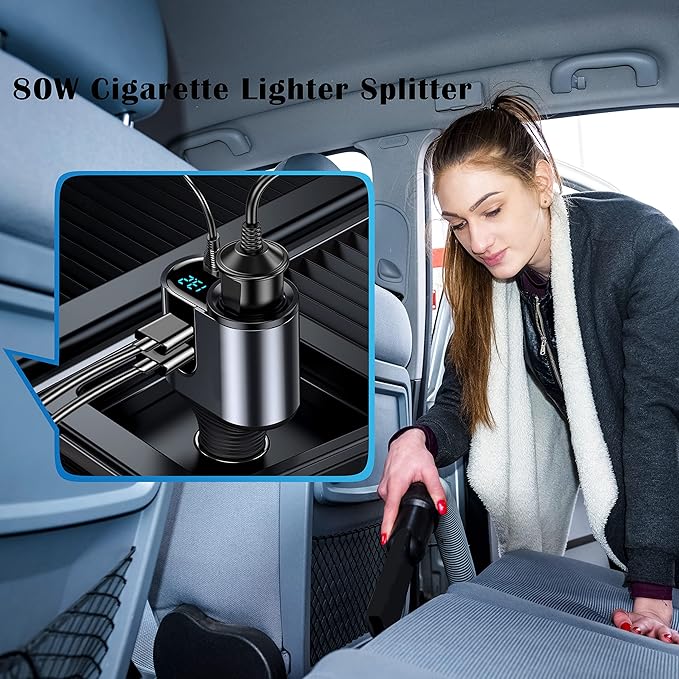 LIHAN USB C Car Charger, 12V/24V Cigarette Lighter Socket Splitter with 3 USB Ports, PD 30W Fast Charging, Compatible with iPhone, Galaxy, iPad, GPS, and More