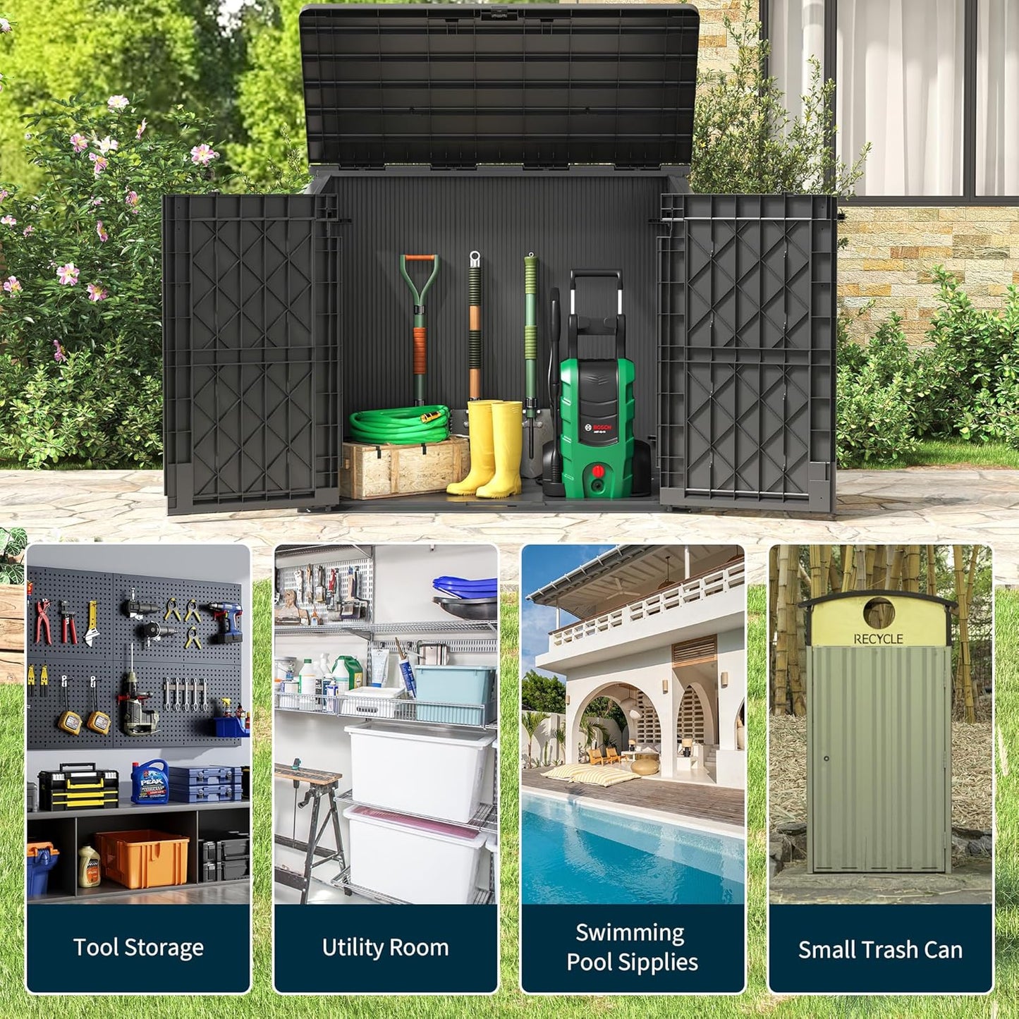 Outdoor Storage Shed 36 Cu. Ft. Resin Garden Horizontal Storage Large Capacity Weather Resistant Storage Box, Lockable Resin Waterproof Shed for Garbage Cans, Garden Tools