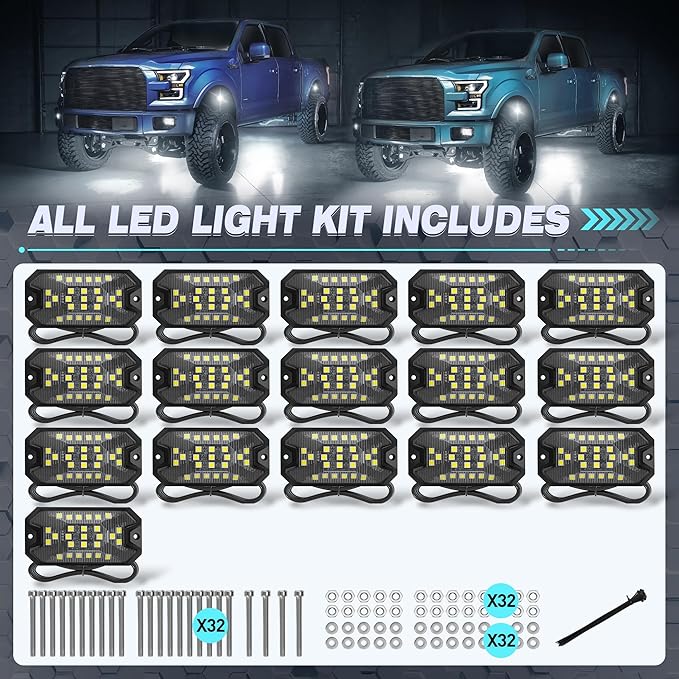 16 Pods Pure White Rock Lights, 6000K Pure White 27 LEDs Super Bright LED Underglow Neon Light, 10m Extension Wire, IP68 Waterproof for Trucks Pickup SUV UTV ATV RZR Car Boats