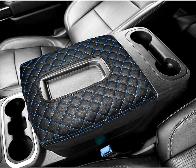 Center Console Cover for Chevy Silverado/GMC Sierra Accessories 2019-2026, Tahoe & Suburban & Yukon 2021-2026 Armrest Cover Middle Console Leather Protector Pad (Bucket Seat Consoles)(Blue Stitches)