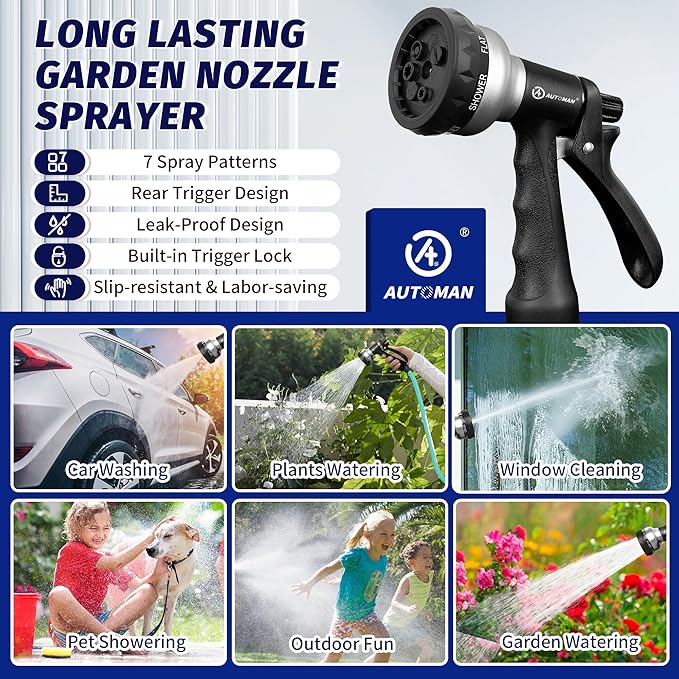 AUTOMAN-Garden-Hose-Nozzle, 2 Pack ABS Water Spray Nozzle, 7 Adjustable Watering Patterns, Slip Resistant for Watering Plants, Lawn& Garden, Washing Car, Showering Pets & Outdoor Fun.Silver Color