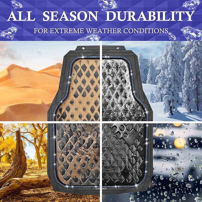 CAR PASS Bling Diamond Rubber Car Mats, Heavy Duty Deep Dish All-Weather Floor Mat Full Set Anti-Slip 3D Rhombus Waterproof Trim to Fit Liner Universal Glitter Sparkly Shining Rhinestone, Black Blue