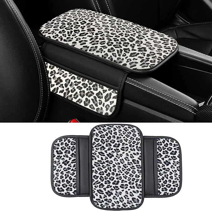 Dotesy Cheetah Print Car Center Console Cover,Microfiber Leather Car Armrest Pad Cushion with 2 Storage Bags,Universal Car Armrest Storage Box Car Interior Accessories for Most Vehicles White Leapord