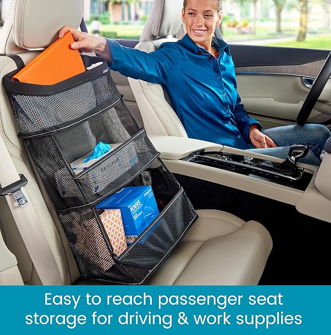 High Road Car Storage and Organization Caddy - SUV Trunk Organizer, Passenger Seat Organizer or Back Seat Storage Caddy With 3 Easy-View Mesh Bins