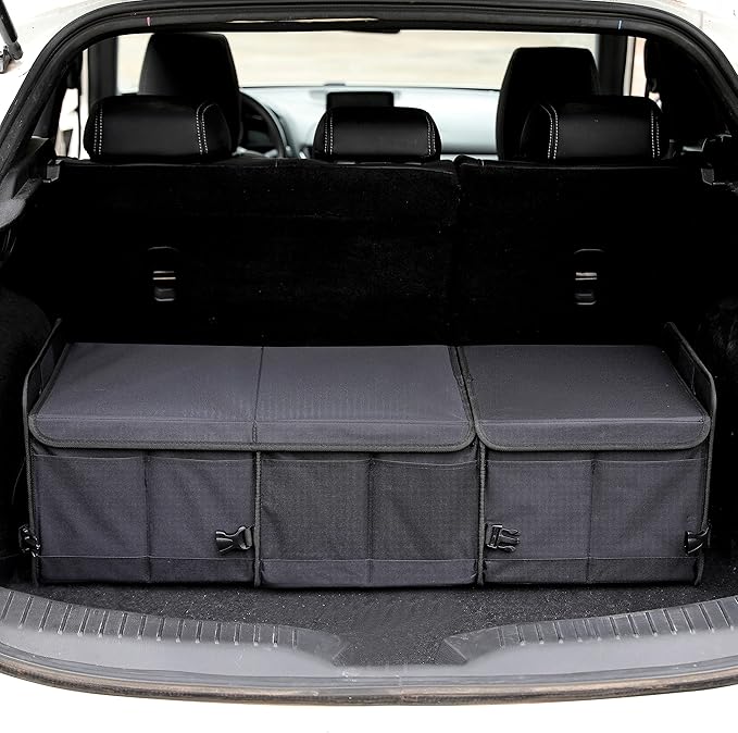 AOKJOY Car Trunk Organizer with Lid Storage Collapsible Multi Compartment Adjustable Straps for SUV, Truck, Sedan(Black) XL