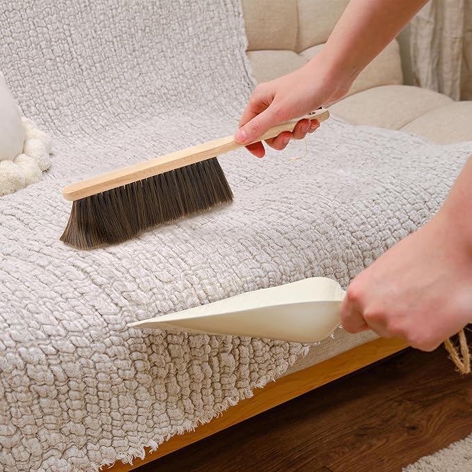 Hand Broom, 3 Pcs Dust Brush Set, 5 Rows Wider Horsehair Brush with Reinforced Fiber and Beech Wood Handle, Soft and Flexible for Furniture, Sofa, Bed, Clothes, Carpet, Counter, Bench