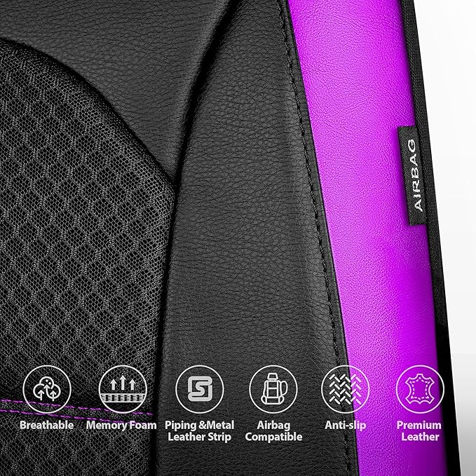 CAR PASS Memory Foam Car Seat Covers,Air Cool Mesh Thick Seat Covers Front Seats,Purple Metal Film Leather Seat Cover for Car,Universal Comfort for Most Car,Truck,Airbag Compatible,Black Purple