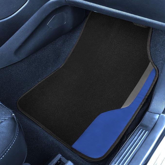 FH Group Color-Block Carpet Car Floor Mats – Non-Slip, Faux Leather Accents, Universal Fit for Sedan, SUV & Truck – Full Set Blue