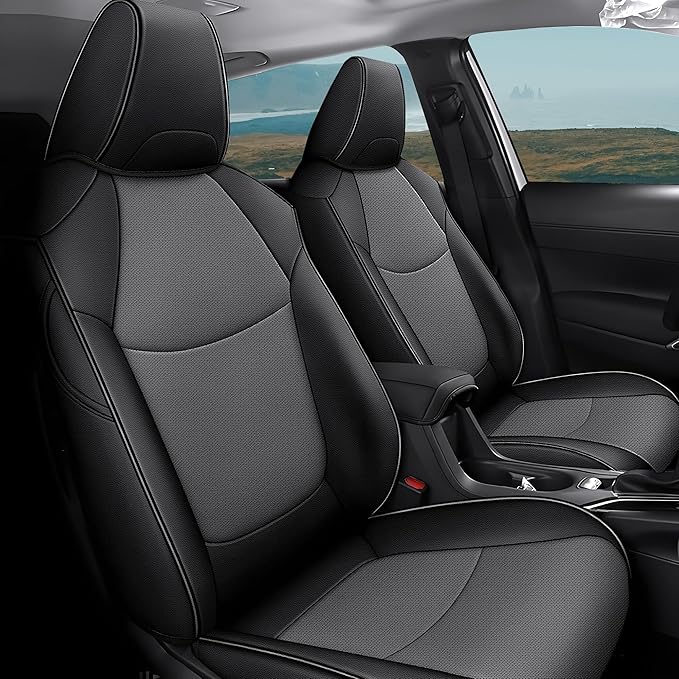 AOMSAZTO Custom Fit for Toyota Corolla Cross Hybrid 2023 2024 2025 Faux Leather Car Seat Covers Full Set Compatible Airbag Corolla Cross Hybrid S,SE,XSE Seat Protector Sedan Black+Grey