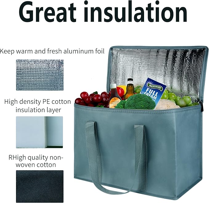 musbus 2Pk Insulated Reusable Grocery Bags, Collapsible Cooler Bag for Groceries, Heavy Duty Large Insulated Bag (Urban Gray)