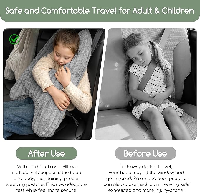 HIGOGOGO Washable Travel Pillow, Car Pillow for Kids & Adults, Upgraded Travel Pillows with Removable Soft Cover and High-Support Foam, Fix Neck and Body Sitting/Sleeping on The Trip, Dark Grey
