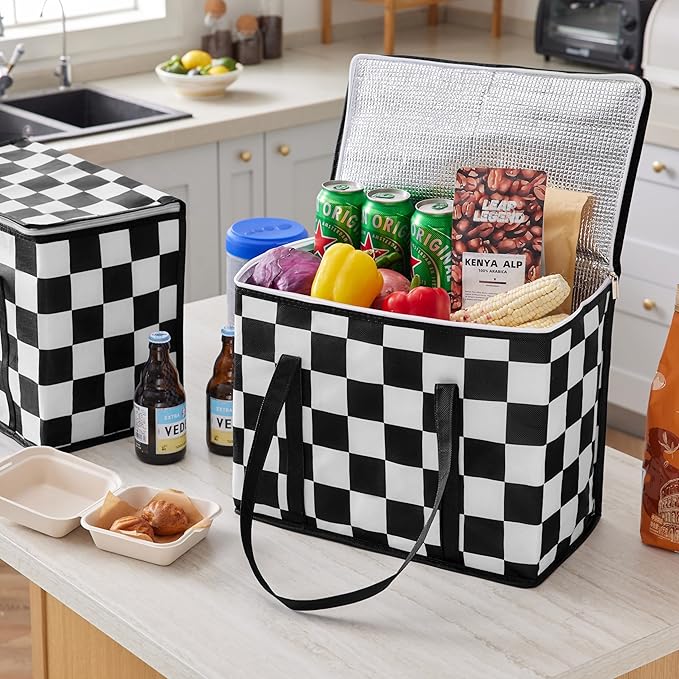 Checkered Insulated Grocery Bags 2 Pack, Checkerboard Cooler Shopping Bags for Groceries, Insulated Bags for Food Delivery