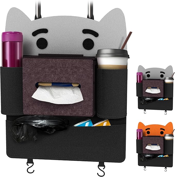 Backseat Car Organizers Felt Storage Box Hanging Storage Pocket Auto Travel Essentials Accessories for Kids & Adults, Universal for Most Cars With 2 Detachable animal-face