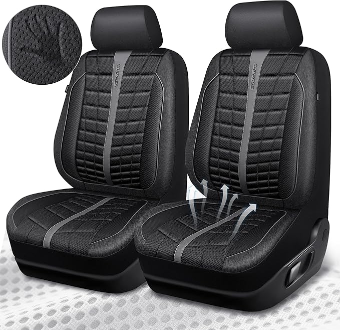 CAR PASS 3D Air Mesh Seat Covers for Car, Leather Car Seat Cover Front Seats, Breathable Foam Premium Leather Mesh Front Seat Covers Universal Fit for Cars Sedans Trucks Vans SUVs, Black Gray