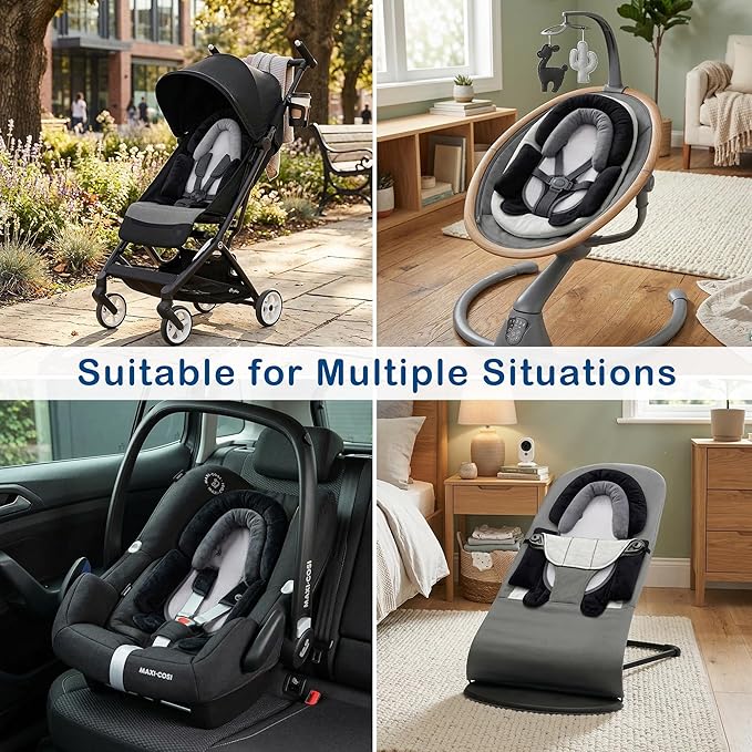 Pro Goleem Breathable 3-in-1 Infant Car Seat Head Support, Soft Infant Car Seat Insert, Carseat Cushion for Toddler, Perfect for Car Seat, Strollers, Swings, Carrier, Bouncer, Black and Grey