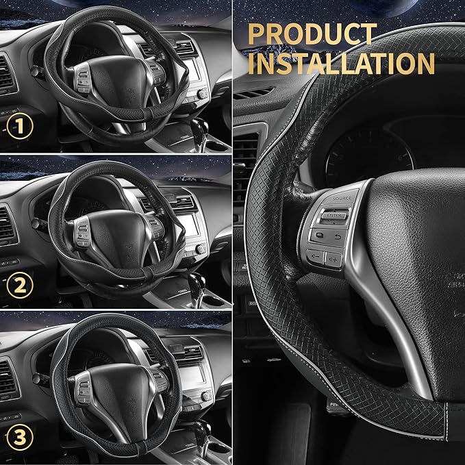 Leather Car Steering Wheel Cover,Anti-Slip, Safety,Soft, Breathable, Heavy Duty,Thick,Full Surround, Sports Style,Universal Car Accessories for Women Men Fit 14" 1/2-15"(Black with Gray line)