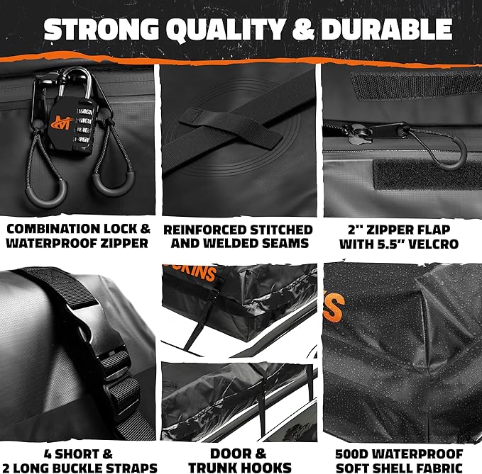 Mockins 35 Cu Ft Black Rooftop Cargo Carrier Bag | 60"x42"x24" Roof Bag Cargo Carrier for Top of Vehicle | Vehicle Soft-Shell Carriers for Car Roof Storage w/Accessories | Use with or w/o Roof Rack