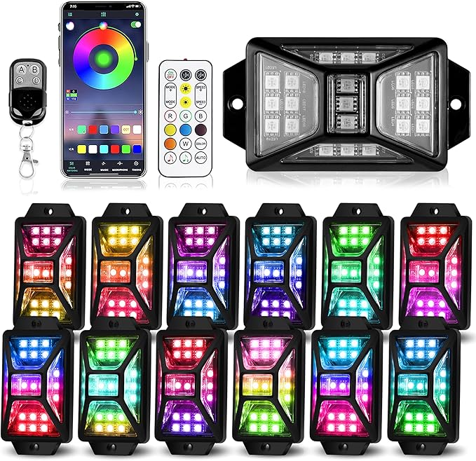 12 Pods Full Angle RGB Rock Lights Compatible with 12V Trucks Jeep UTV SUV ATV Boat Golf Cart, Waterproof Multi-Color, App/Remote Control Led Rock Lights with Music Mode(Patented)